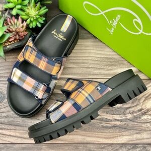 NIB Sam Edelman Eliana Two Strap Lug Sole Slide Sandal Mustard Plaid